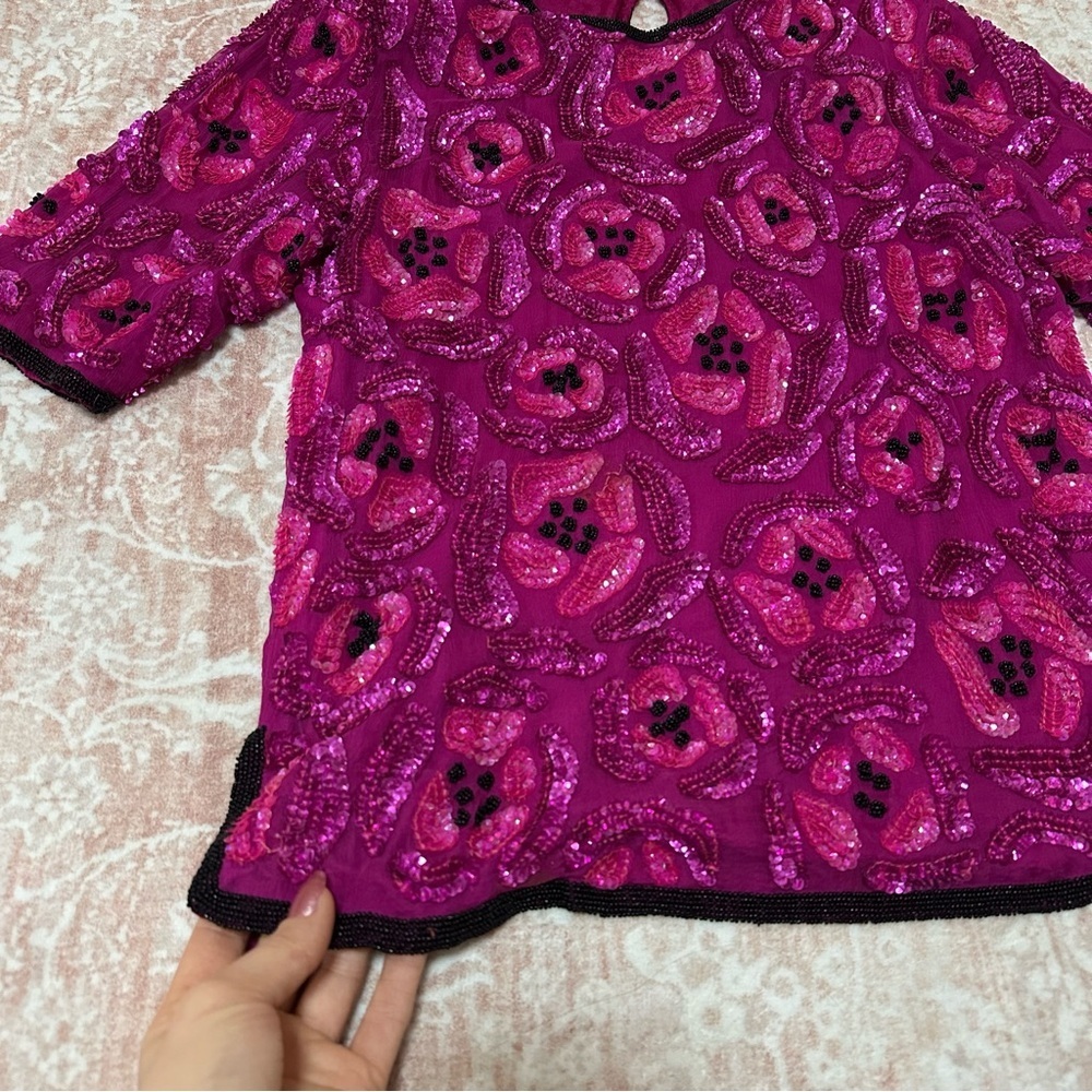 Vintage 100% Silk Beaded Camellia Sequins Pink Top - Picture 4 of 16